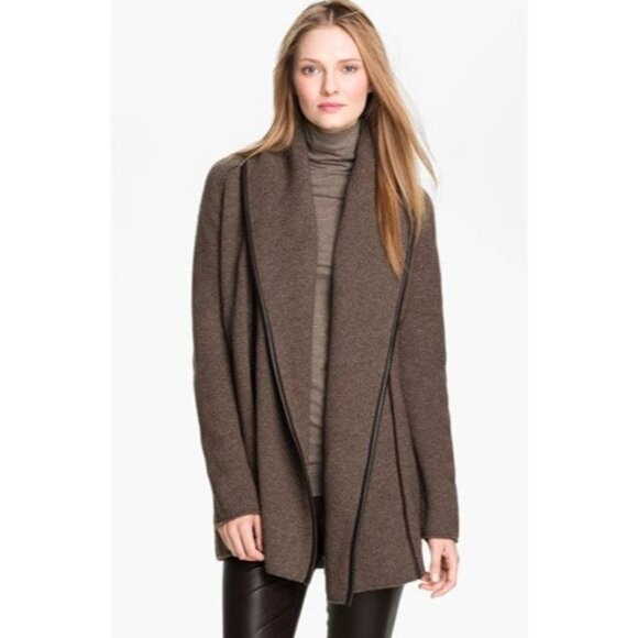 Vince Cardigan Alpaca Wool Cashmere Size Small Heavy Knit Leather Trim Relaxed - Picture 1 of 14